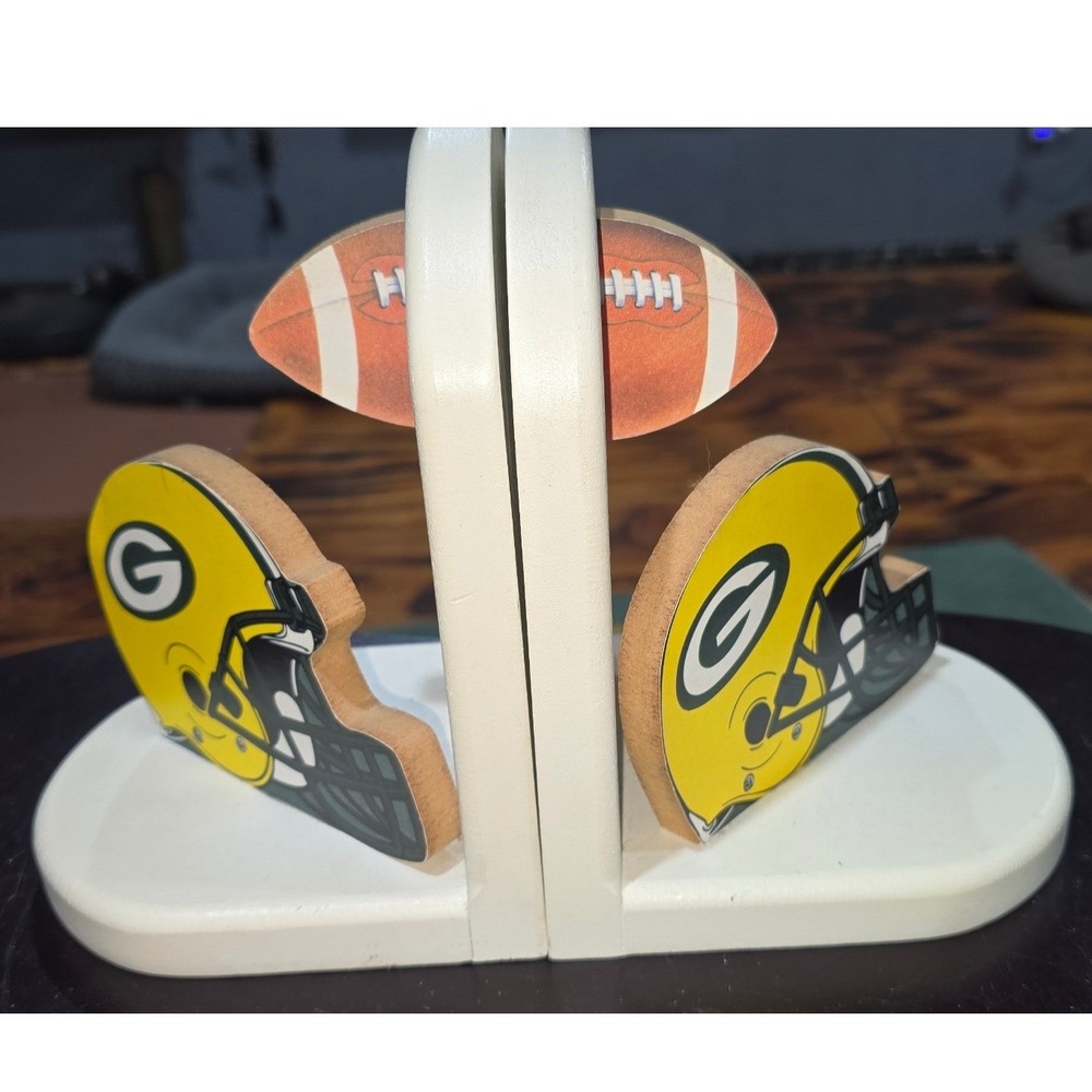 Green Bay Packers Wooden Bookends NFL Football Decor White Helmet Set of 2